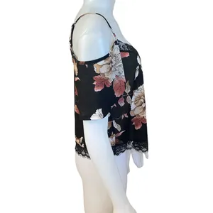 Free Press Clothing black pink floral off the shoulder short sleeve crop top M thumbnail 3