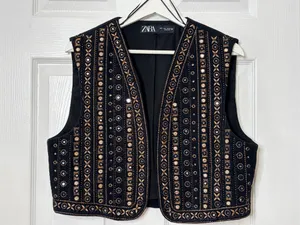 ZARA Embroidered Mirror Vest Black Boho Festival Artisan Western Statement L thumbnail 2