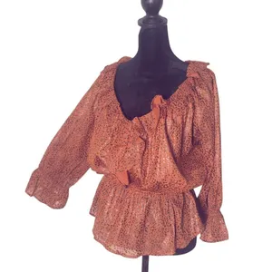 Entro Leopard Print Ruffled Peplum Blouse Womens S Brown V Neck 3/4 Sleeve NEW thumbnail 4
