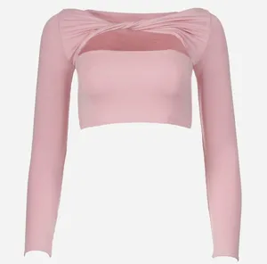 New SER.O.YA Ellis Twisted Cutout Front Long Sleeve Crop Top Pink Size Large thumbnail 4