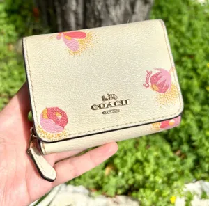 Coach Canvas Tri-Fold Wallet With Floral Print White/Tan thumbnail 1