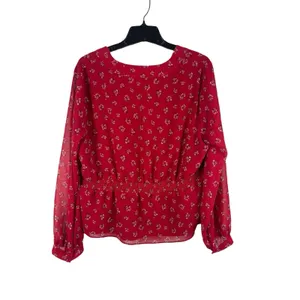 Madewell XL Red Ditsy Floral Babydoll Blouse Sheer Long Sleeve Boho Cottagecore thumbnail 4