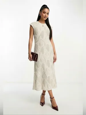 Zara Textured Cream & Beige Abstract 3D Knit Cap Sleeve Midi Dress Size Small thumbnail 10