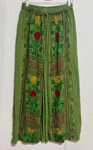 Naissha Green Embroidered Floral Wide-Leg Boho Split Front Pants thumbnail 1