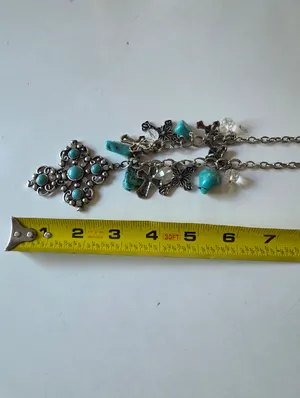 Western Turquoise & Crystal Cross Charm necklace thumbnail 7