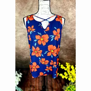 Fortune + Ivy Kason Split Neck Sleeveless Blouse Blue Red Floral L thumbnail 2
