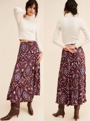 Farm Rio Bohemian Silky Satin Pineapple Ikat A-Line Midi Maxi Skirt Size Large thumbnail 2