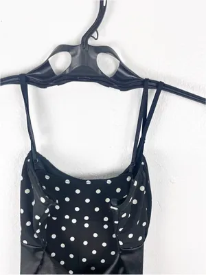 LIPSTICK Black White Polka Dot Bow Waist Spaghetti Strap Bubble Hem Dress Small thumbnail 5