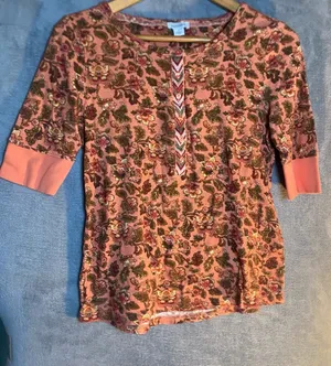 Sundance floral orange 3/4 sleeve waffle knit Henley top‎ small cotton twilight thumbnail 1