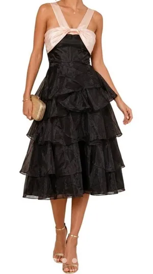 NWT Lulus Size XS Black Tiered Organza Midi Dress Contrast Bow Cocktail Dress thumbnail 1