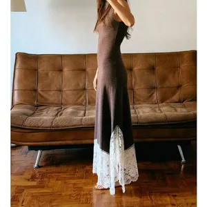 Zara NWT brown lace hem fitted long maxi dress thumbnail 3