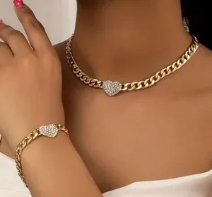 Gold Plated Chain Necklace & Bracelet Set With Rhinestone Heart thumbnail 1