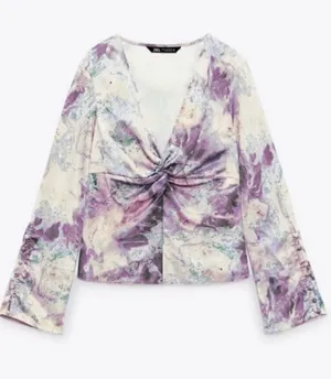 Zara Marble Print Blouse Small Flare Sleeve Twist V Neck Night Out Office Siren‎ thumbnail 1
