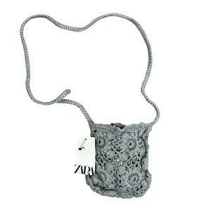 NWT Zara Mini Crossbody Purse Gray Floral Crochet Bohemian Cottagecore Artisan thumbnail 4