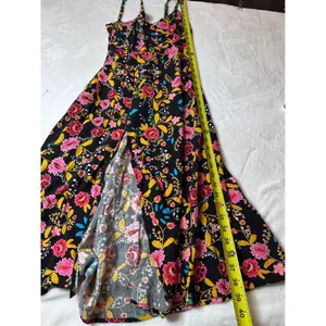 Express Floral Rayon Midi Sundress Black Pink Yellow Slit Smocked Back Women thumbnail 10