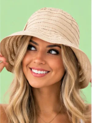 Women's Packable Wide Brim Hat with Bow -BEIGE colored Summer Beach Vacation Hat thumbnail 1