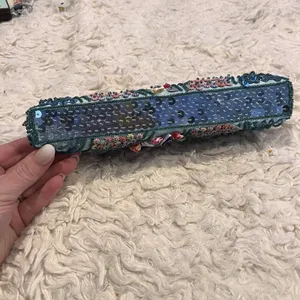 Hand Beaded Shell Clutch Purse Teal Blue Kiss Lock Evening Bag w/ Chain thumbnail 3