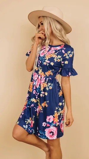 Navy Floral Ruffle Sleeve Women’s Dress thumbnail 1