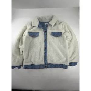 BP Reversible Denim Faux Shearling Jacket Blue Ivory Button Front Womens XL thumbnail 7