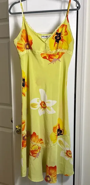 Y2K Tropical Floral Slip Dress Lime Green Vacation Midi Dress Holiday in the Sun thumbnail 1