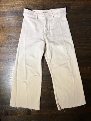 Zara Cream High-Waisted Wide Leg Cropped Jeans Frayed Hem Size 10 thumbnail 2