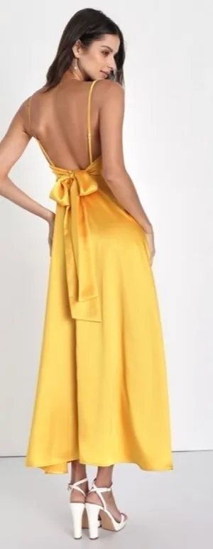 LULU's Prom Wedding Bridesmaid Glamorous Satin Open Tie Back Back Midi Dress thumbnail 1