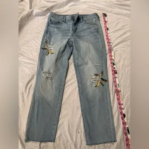 White House Black Market Light Wash Embroidered Distressed Straight Leg Jeans thumbnail 3