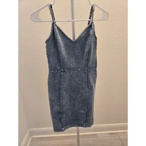 Iris Acid Wash Denim Mini Dress Spaghetti Strap V Neck Zip Back Women Size M Y2K thumbnail 2