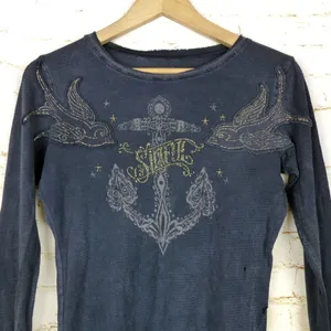 VTG Sinful Affliction Thermal Waffle Top Women M Black Destroyed Bird Tattoo Y2K thumbnail 3