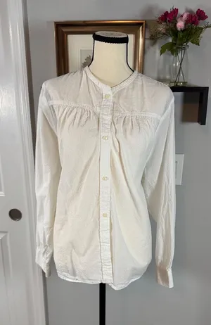 Free Assembly Women XL Cream White Seersucker Band Collar Button Down Blouse Top thumbnail 1