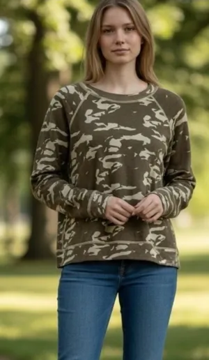 Monrow Camo‎ Crewneck Sweatshirt Women's Size L Athleisure Top thumbnail 1