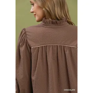 Umgee Textured Puff Sleeve Mini Dress - Chocolate - Small thumbnail 5