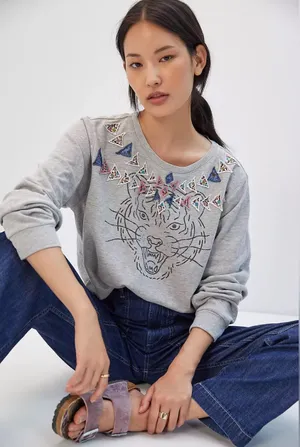 Anthropologie Luna Mercantile Co. Tiger Graphic Sweatshirt Grey XL thumbnail 1