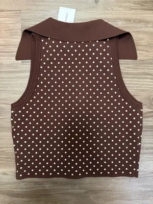 Urban Revivo Retro Polka Dot Knit Vest Brown Crop Top NWT Size M thumbnail 3
