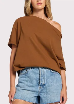 Nuuds Vintage Cotton Off The Shoulder T-Shirt Chocolate Size XL thumbnail 1
