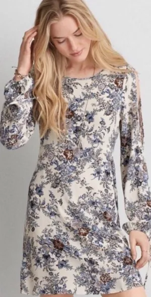 AMERICAN EAGLE OUTFITTERS Dress Cold Shoulder Blue Floral Boho Long Sleeve XS thumbnail 1