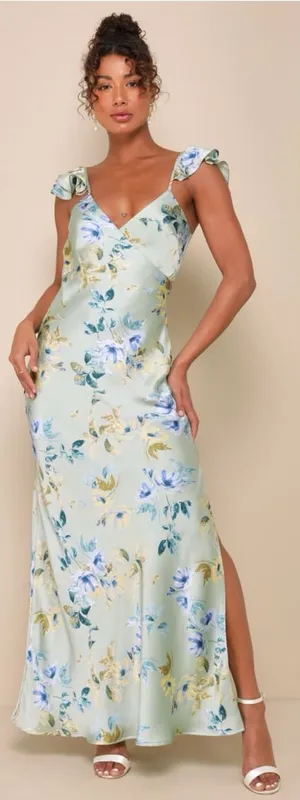 LULU’S Captivating Grace Sage Green Floral Satin Ruffled Maxi Dress thumbnail 1