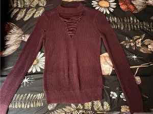 Guess Lace-Up Ribbed Crewneck Sweater - Wine thumbnail 1