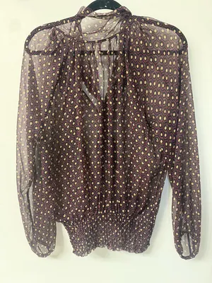 FREE PEOPLE Sheer Burgundy Geometric Tie-Neck Blouse Women’s Size medium thumbnail 2