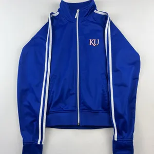 KU Kansas Jayhawks Vintage Adidas Track Jacket 3 Stripe Full Zip Bomber Blue Med thumbnail 1