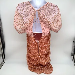 Free People Pink and Rust Brown Floral Ruched Mini Dress with Boho Feels-Size S thumbnail 6
