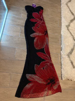Windsor Black Strapless Sequin Gown with Red Floral Motif thumbnail 6