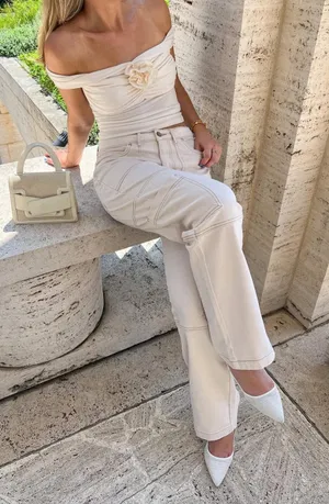 Avec Les Filles Cream Denim Jeans thumbnail 1
