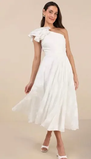Lulu’s Sweet Definition White Burnout Ruffle One Shoulder Midi Dress Bridal thumbnail 1