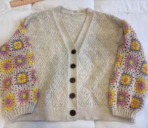 POL Women Cream Pointelle Knit BoHo Cardigan Crochet Granny Square Sleeve Large thumbnail 1