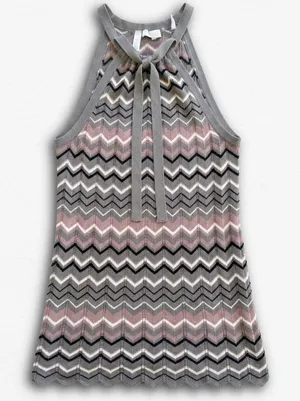 Old Navy Halter Neck Chevron Knit‎ Mini Dress Grey Pink Zig Zag Scalloped Hem Sleeveless thumbnail 1