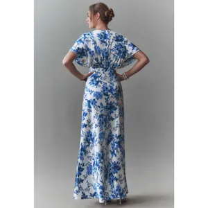 NEW BHLDN Leila Deep-V Flutter Sleeve Maxi Dress in Blue Floral Size 12 thumbnail 2