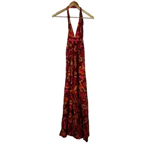 NWT Zesica Halter Floral Maxi Dress Red Boho Tiered Smocked Backless Size S thumbnail 3