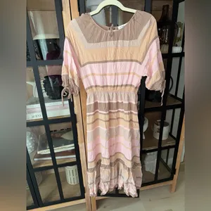 Storia Neopolitan stripes midi dress peach beige short sleeve bows elastic waist thumbnail 2