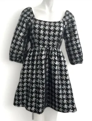 NEW Anthropologie Balloon Sleeves Dress XSMALL DAMASK houndstooth Silver Black thumbnail 1